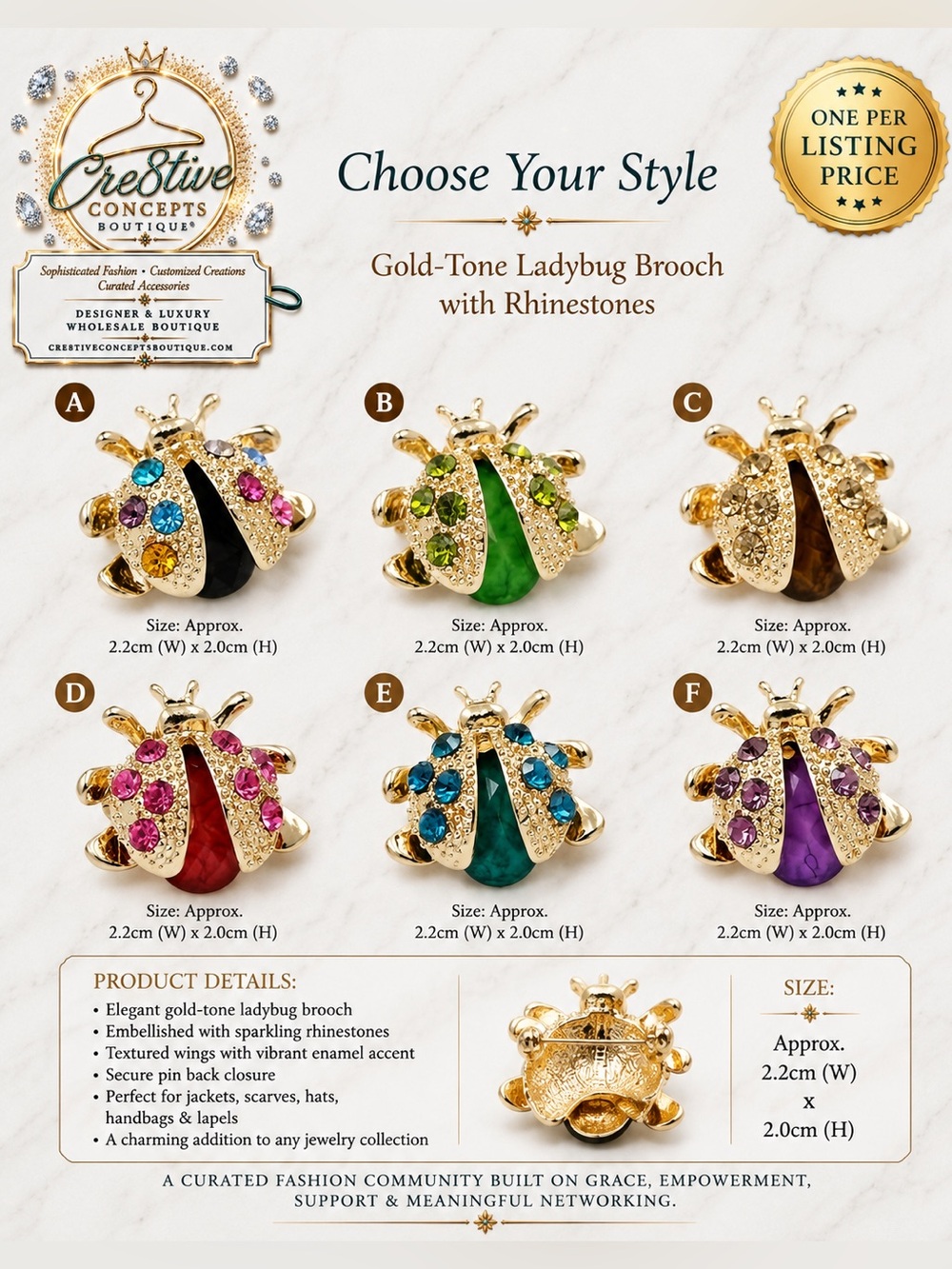 Gold-Tone Ladybug Rhinestone Brooch – Pick One - Picture 7 of 9